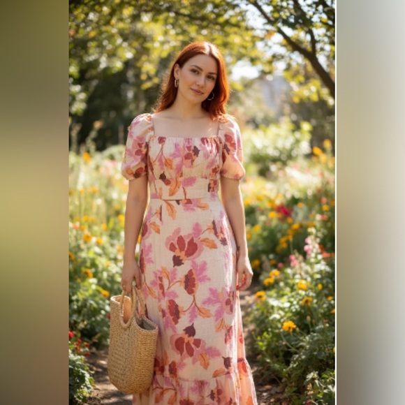 London Times Pink Floral Square-neck Puff Sleeve Empire Waist Midi Dress - Picture 4 of 9